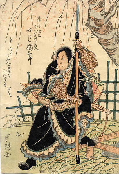 The actor Arashi Kikusaburo II in character wearing armour