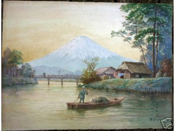 Mt Fuji and river boat