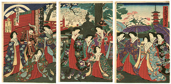 Meiji Emperor Empress and their consorts are visiting the Kinryuzan Temple at Asakusa