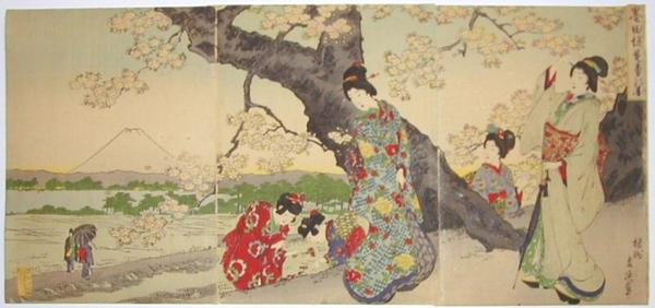 Flowers in Full Bloom on the Banks of the Sumida River