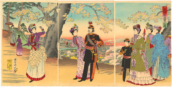 The Emperor, Empress, Crown Prince and court ladies on an outing to Asuka Park