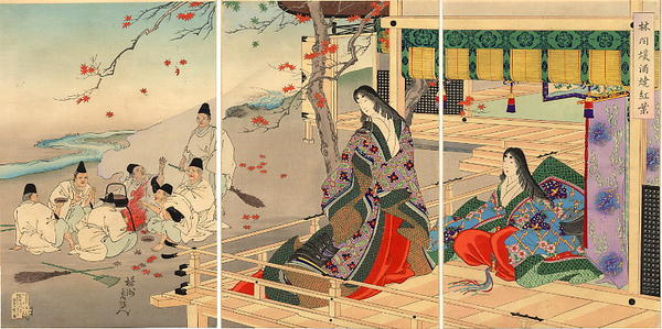 Two court ladies on the balcony of a mountain lodge