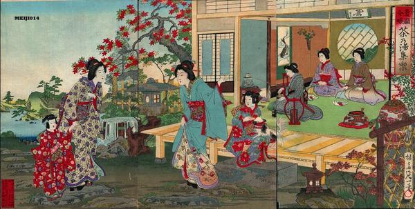 Unknown- bijin child flowers garden pond lantern