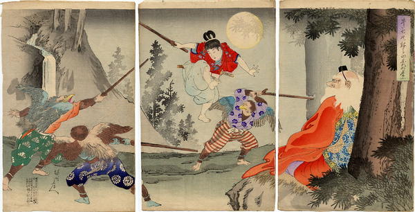 Ushiwaka Maru, learning marshal arts in front of the Tengu in Mount Kurama