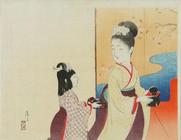 Mother and child serving tea