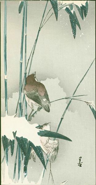 Sparrows and Bamboo in Snow