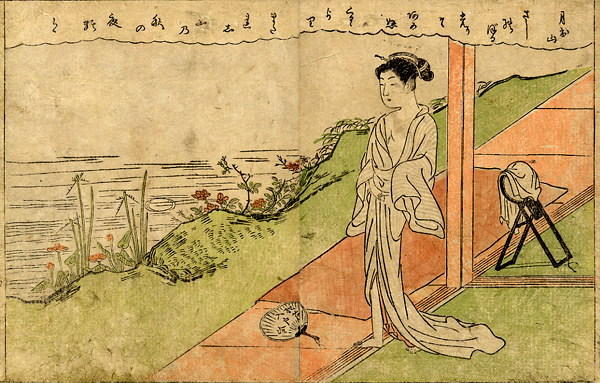 A courtesan wearing a bathing robe, stands on the engawa of a house