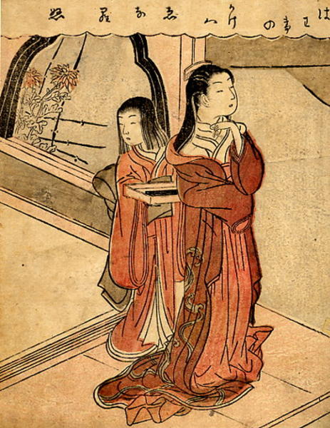 Elegant bijin attended by her kamuro