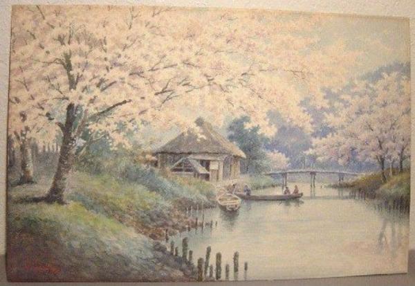 River, Cherry Blossoms, House and Boats