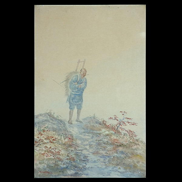 Autumn landscape with Japanese peasant walking with a bundle of firewood