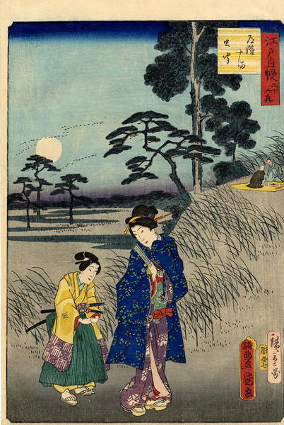 A young bijin and her maid taking an evening stroll