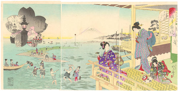Women on a balcony viewing Mt Fuji and people digging clams