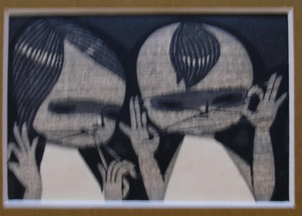 Boy, girl, string game, monocrome