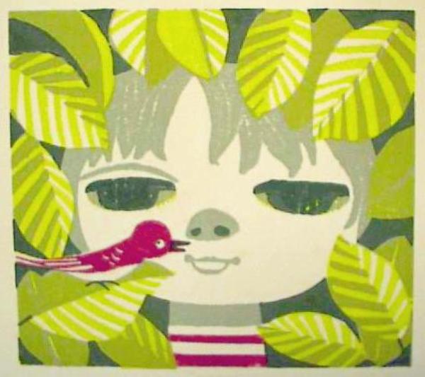 Unknown- girl and bird and leaves