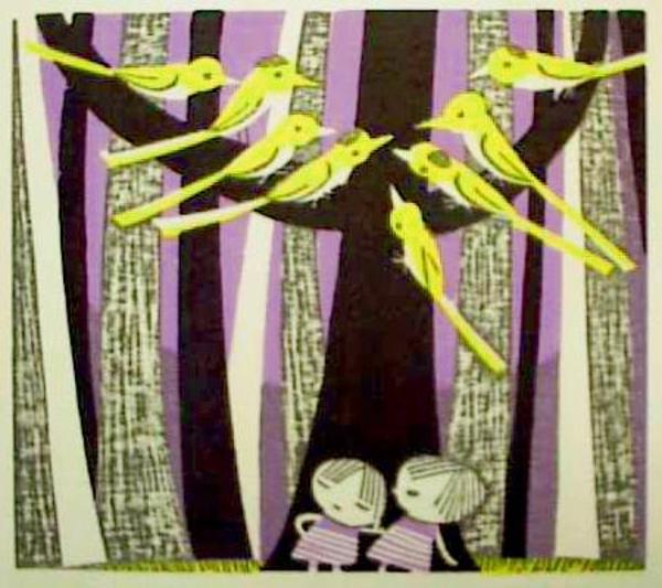Untitled- forest, trees, birds, two children
