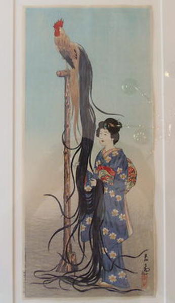 Woman with a long-tailed rooster