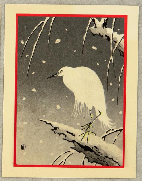 Heron on a Snowy Night - woodblock