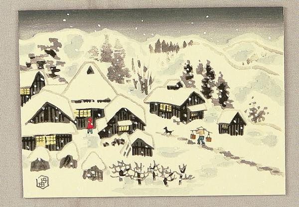 Snowy village - woodblock