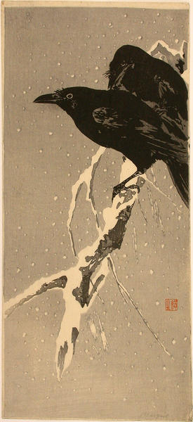 Crows on snowy branch