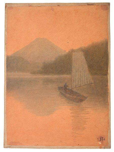 A river scene with sailboat at sunset
