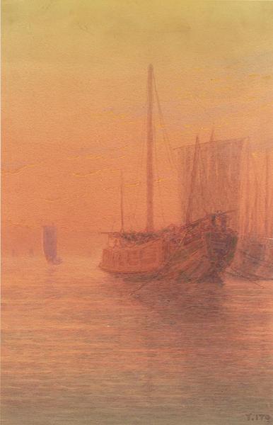Sunset harbor scene with shipping