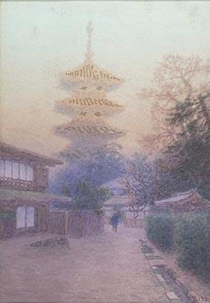 Temple and figures in a misty landscape.