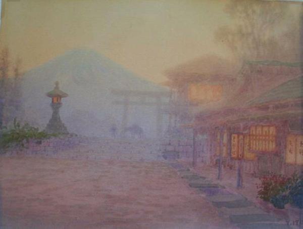 Village with torii gate and lantern