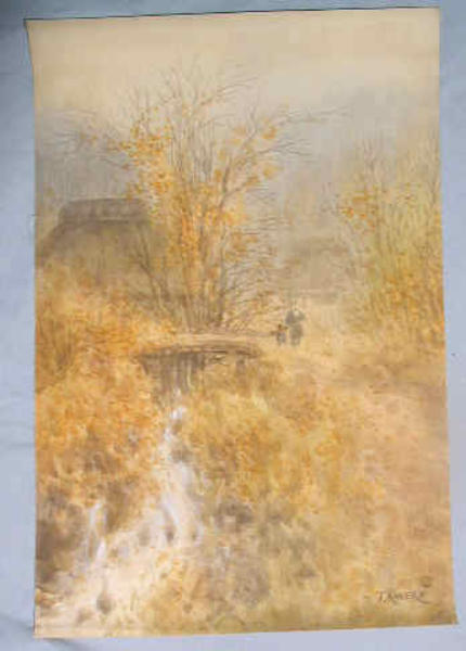 Farmhouse by stream in autumn