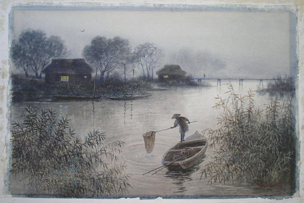 Fisherman on river at night