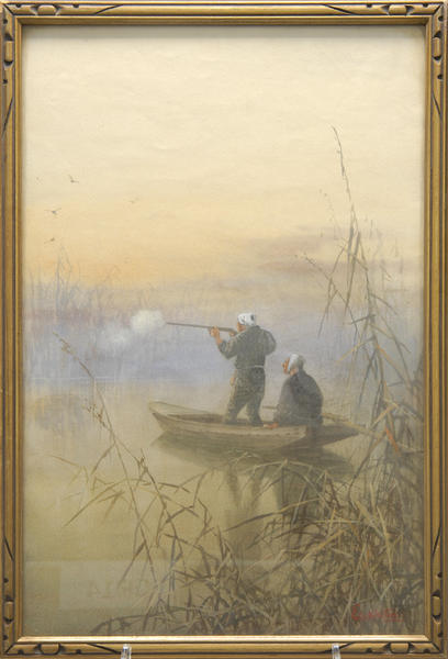 Two duck hunters in a boat