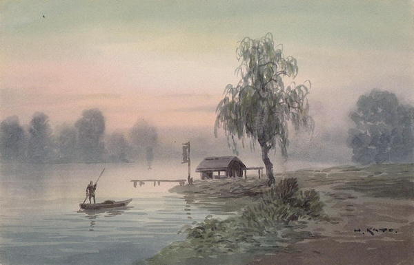 Fisherman on misty river