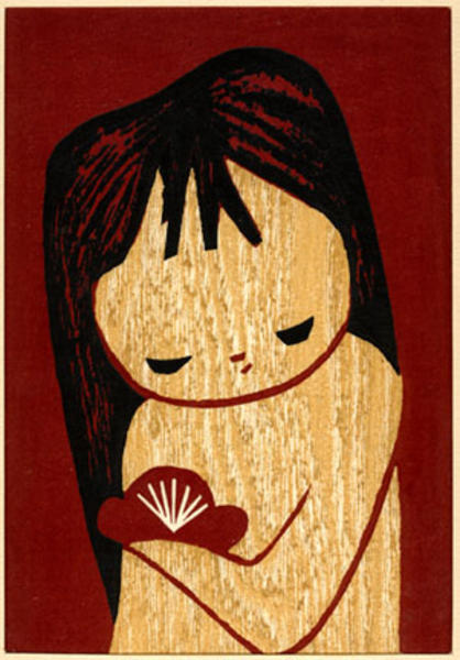 young girl holding a small Japanese fan