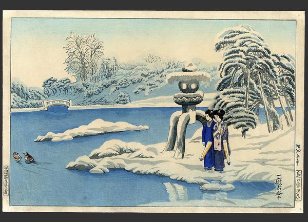 A snowy day at a garden in Kyoto