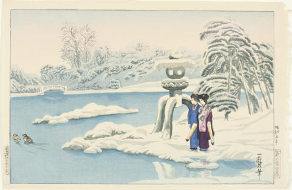 A snowy day at a garden in Kyoto