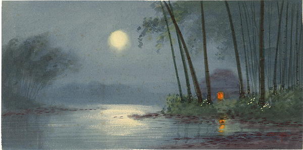 Full moon above a misty bamboo glade
