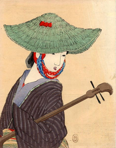 Young bijin wearing a large green straw hat holding a biwa