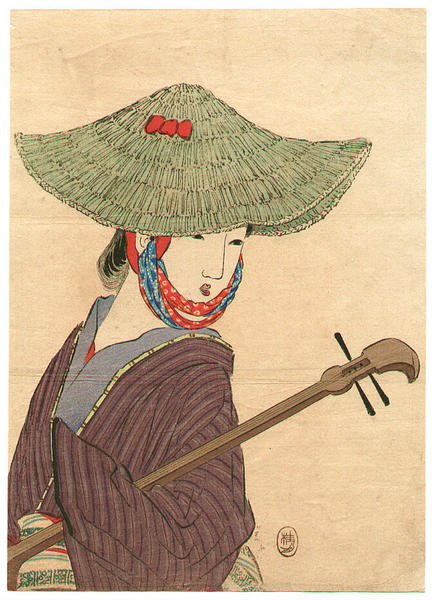 Young bijin wearing a large green straw hat holding a biwa