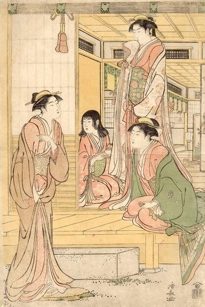 Three bijin and a maidservant in conversation on the engawa