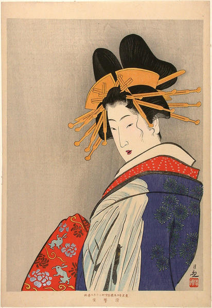 Bust portrait of an Oiran in a splendid coiffure