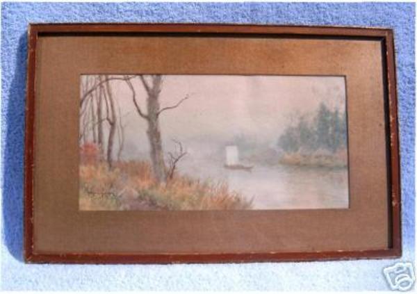 River landscape with a boat and huts along the river edge