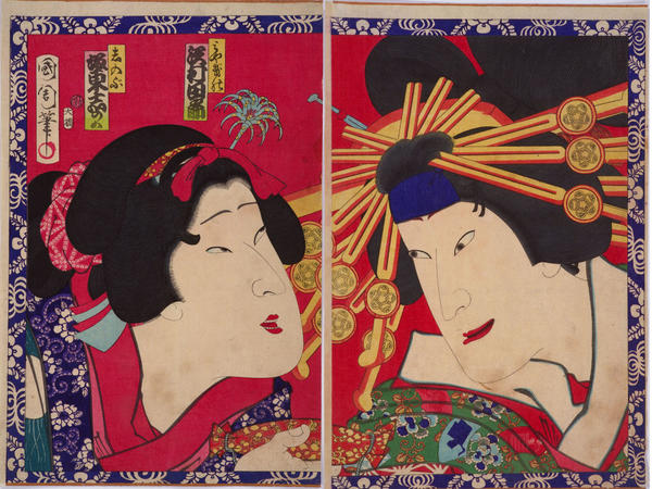 Actors Sawamura Tanosuke and Bando Shuka in the Female Roles of Miyagino and Shinobu (Diptych)