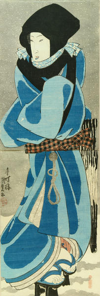 A beauty in snow, covering her head with okoso zukin