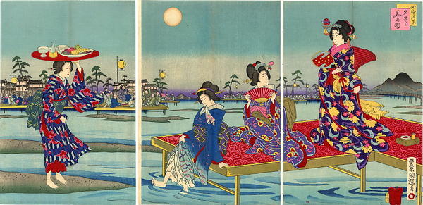 Elegantly attired Bijin cool off on the bank of the Shijo-Gawara River