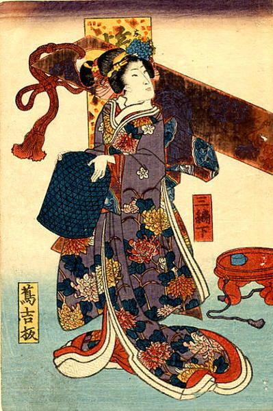 a standing bijin holding a Komuso's straw hat