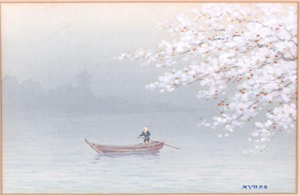 Boatman beneath flowering cherry tree