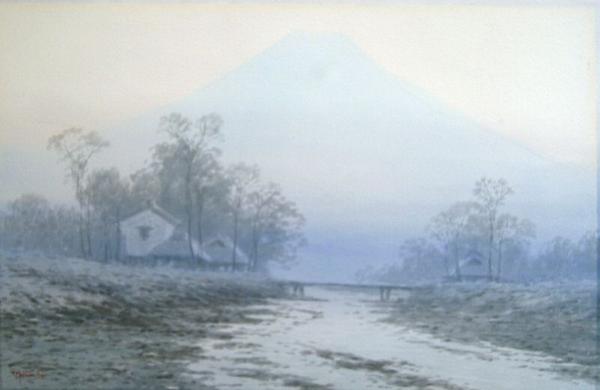Mt Fuji and farmhouse in mist
