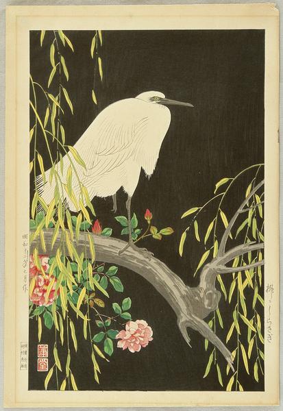 Snow Bird on Willow Tree (Egret on Branch)
