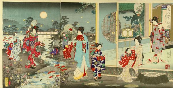 Beauties strolling in an evening garden viewing fireflies