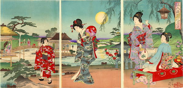 Women at a moon-viewing in a garden