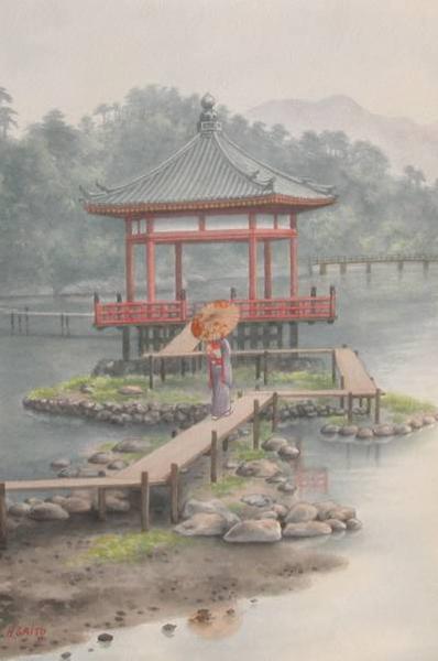 Geisha with umbrella neas Pagoda